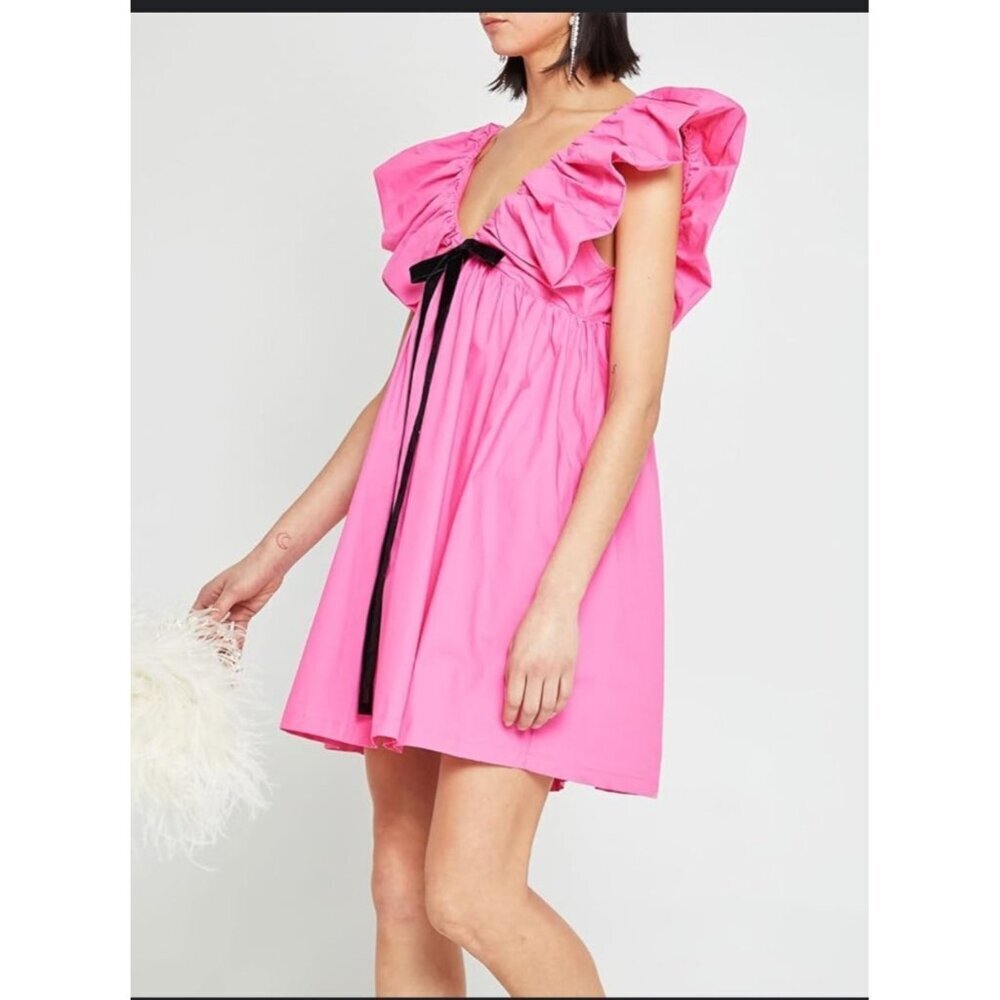 Women's Babydoll Bow Mini V-Neck Puff Sleeve Dress size XS NWT